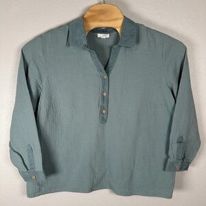 J Jill Top Womens 2X Blue Textured Cotton Gauze Collared Lagenlook Popover